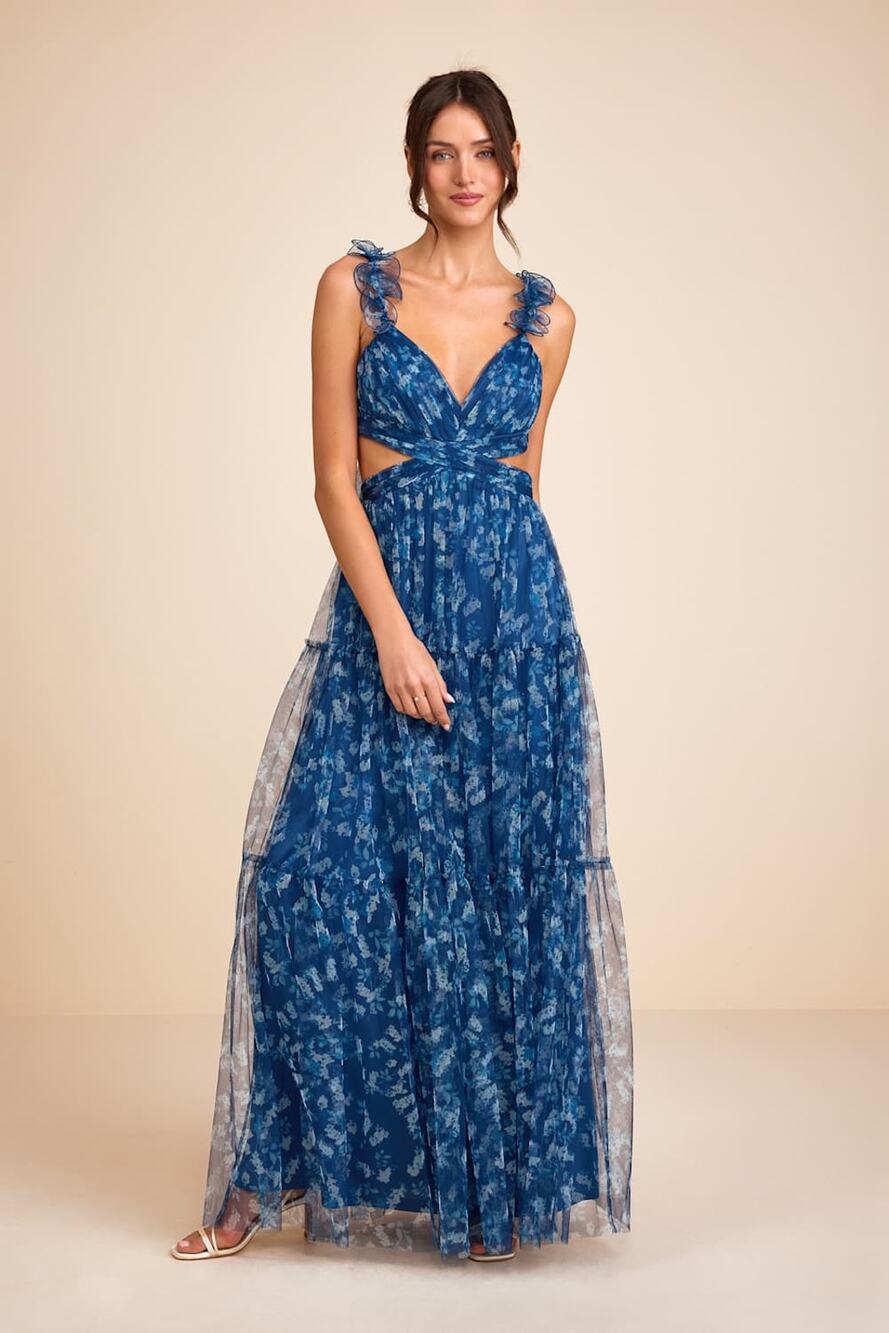 NWT Lulus Ethereal Love Blue Floral Pleated Tiered Tie-Back Maxi Dress Resort M